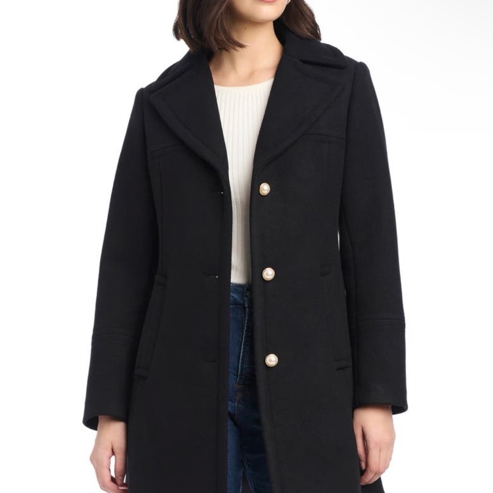 Kate Spade Black Pea Coat with Pearl Buttons